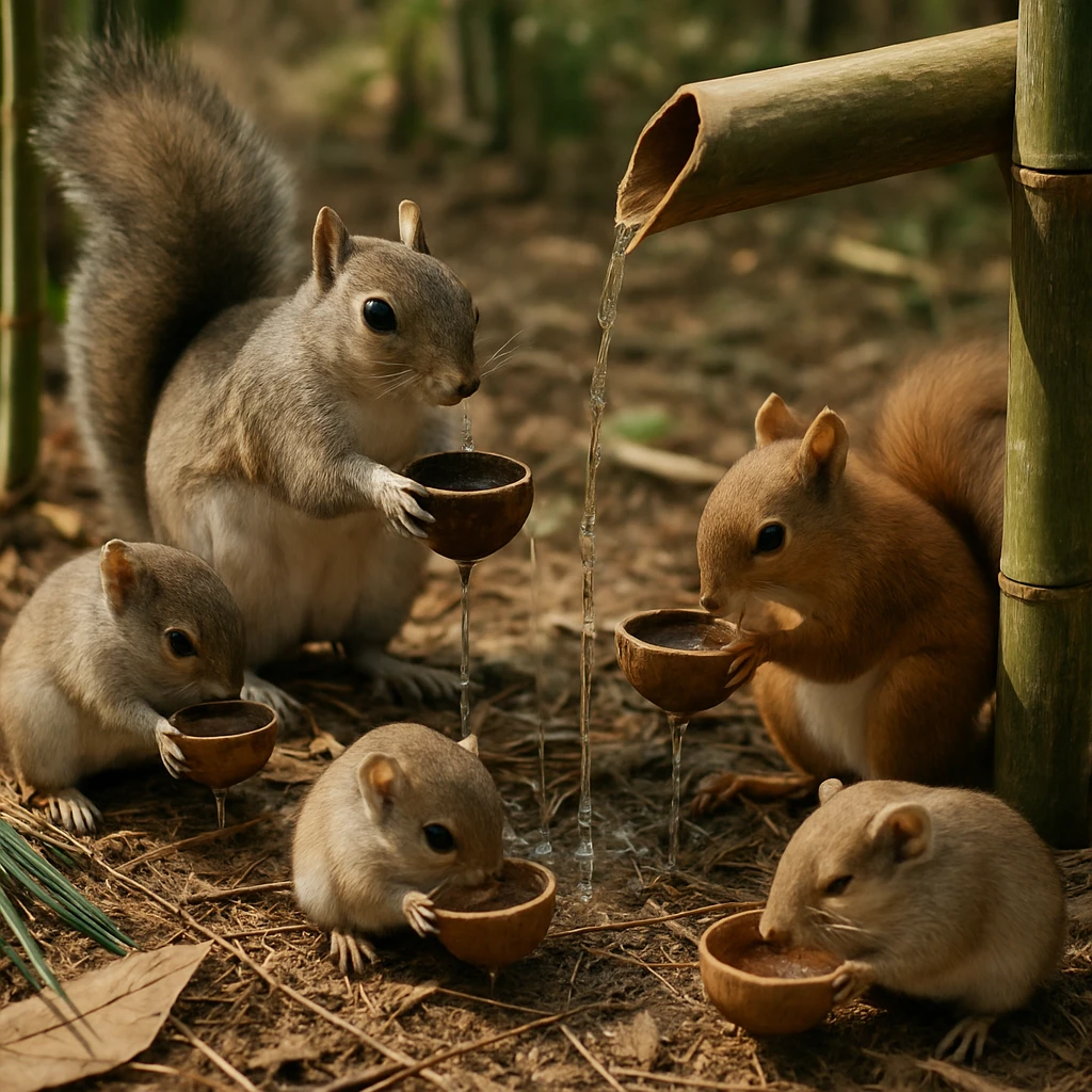 森の中でリスやヤマネがドングリの殻や枝で作ったカップを使って竹の水飲み場から水を飲んでいる様子の写真。