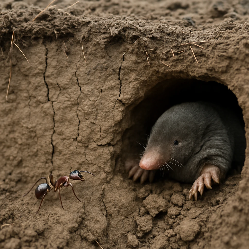 固くなった粘土層の断面のトンネルをアリとモグラが調べている、地中の様子のリアルな写真。