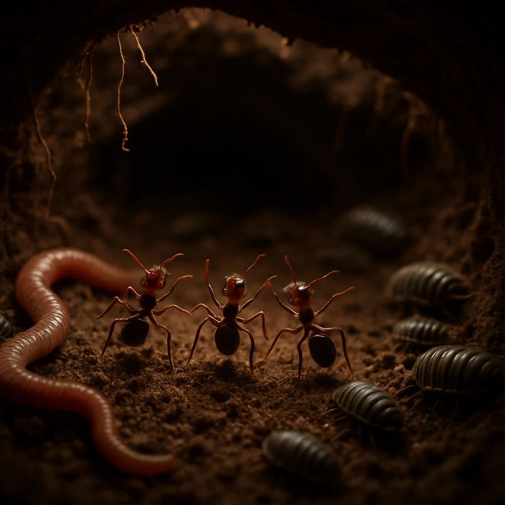 地中の穴の中でアリたちが土の上で踊り、周囲でミミズやダンゴムシが見守る様子を捉えたリアルな写真。