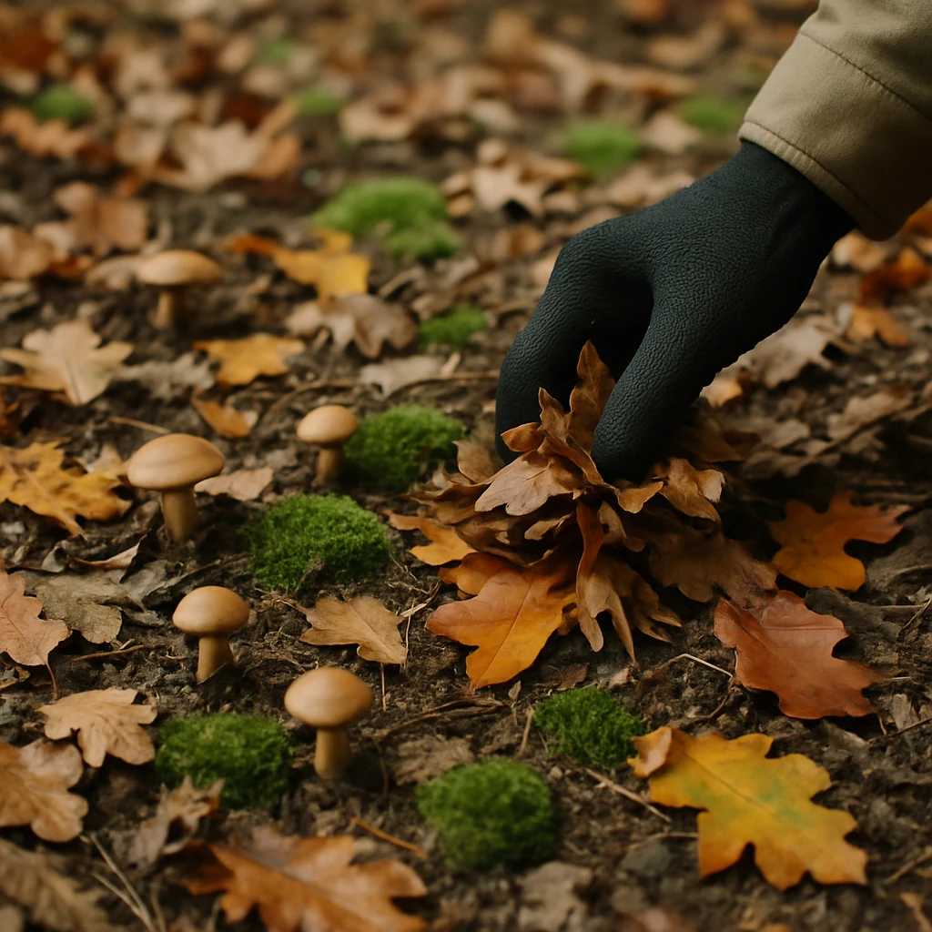 落ち葉や小枝が積もった森の床で、人の手が落ち葉を集め、そばにキノコや苔が育っている様子の写真。