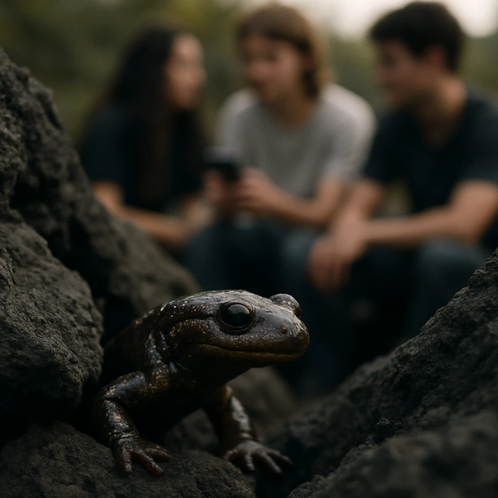 黒曜石の溶岩の隙間から顔を出しているサンショウウオの実写写真です。