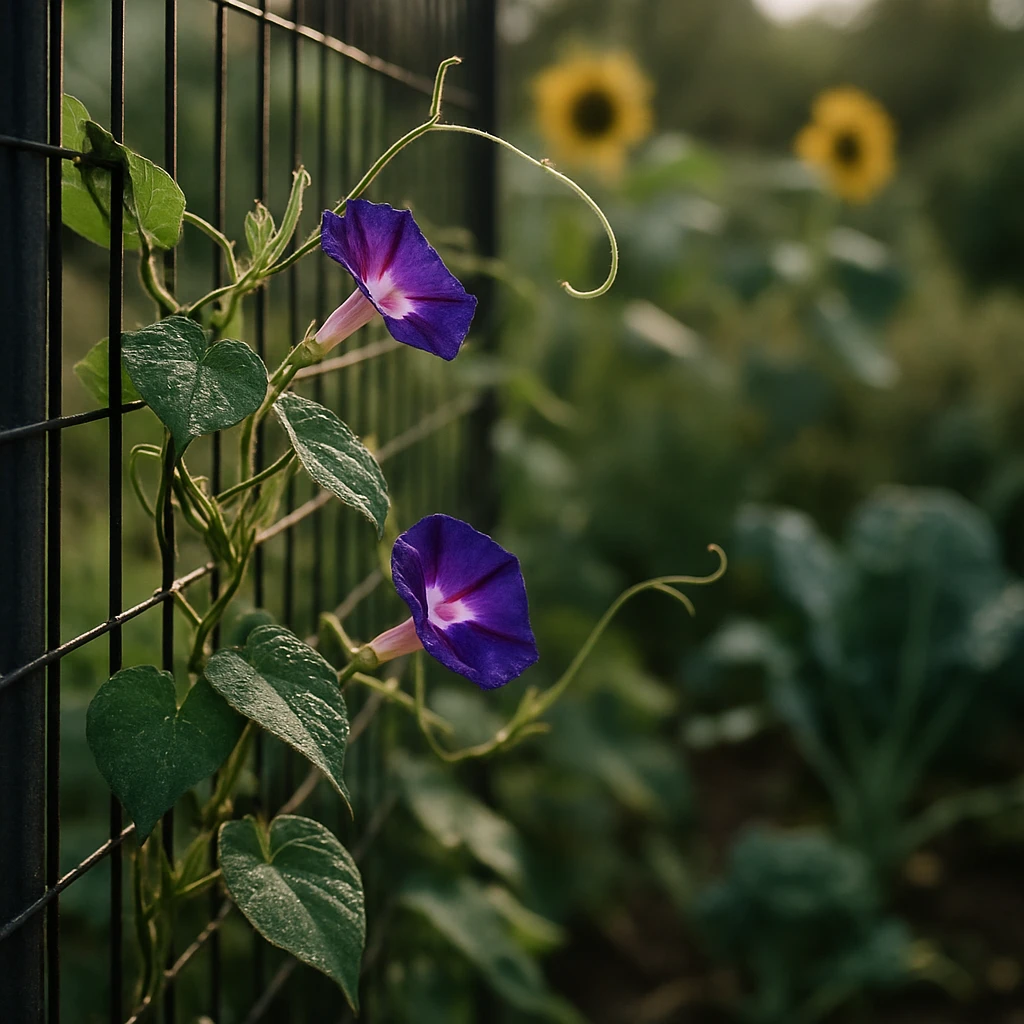 朝のやわらかな光の中でフェンス沿いに伸びているアサガオのつると葉が写る実写写真です。