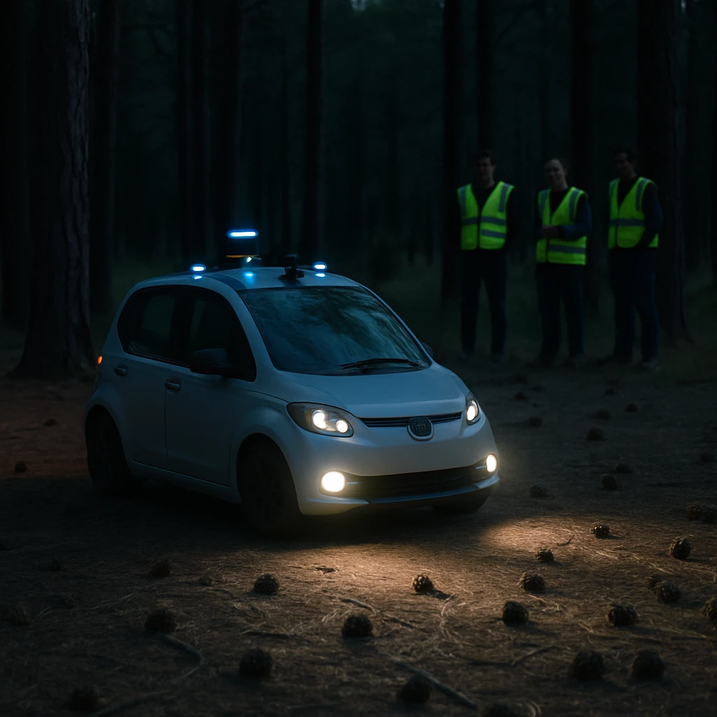 夜の松林で光るセンサーを搭載した小型自動運転車が松ぼっくりの落ちた地面を進む様子を、遠くから作業員が見守っている写真。
