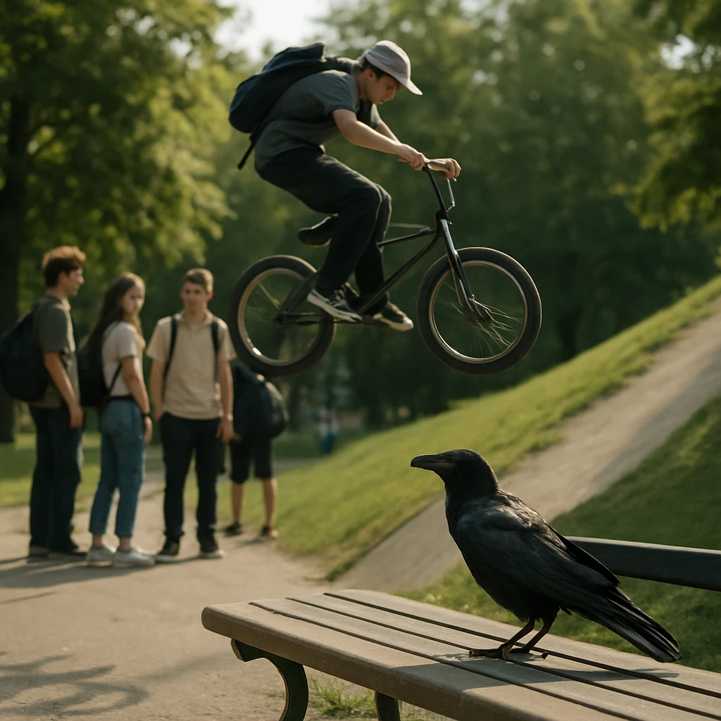 公園のベンチにいるカラス越しに、BMXでジャンプする少年と仲間たちが写るリアルな写真。