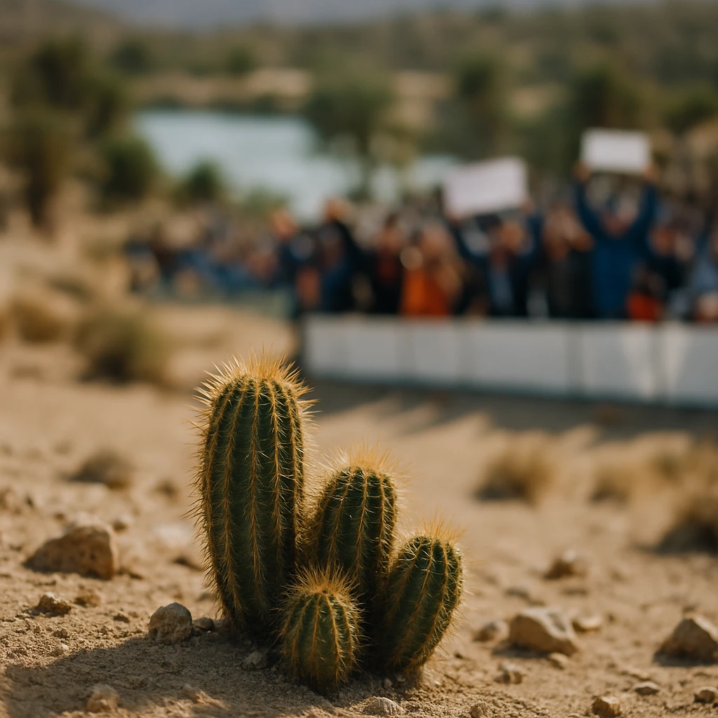 砂漠のサボテン越しに、遠くのオアシスと屋外アイスリンクでフィギュア観戦する人々がぼんやり映る写真。
