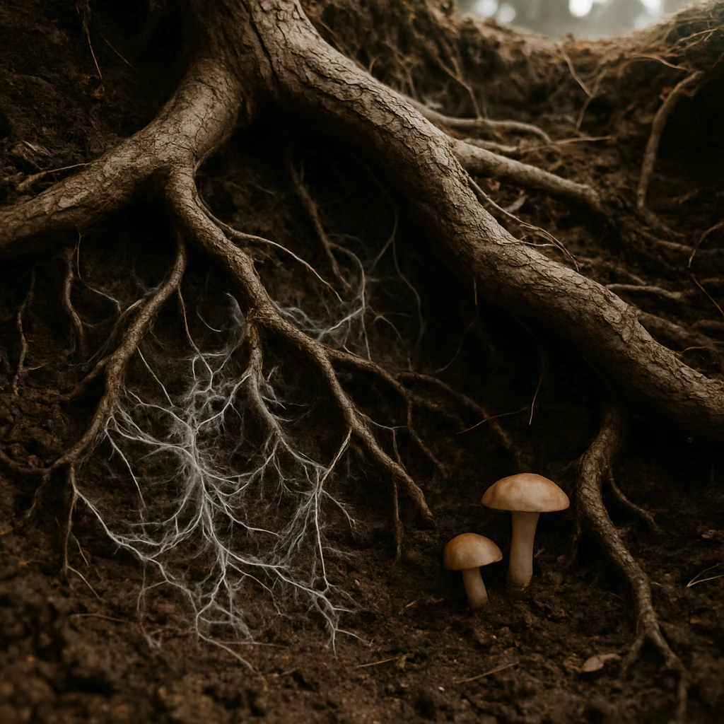 木の根と白い菌糸、いくつかの小さなキノコが絡み合う土壌の断面のクローズアップ写真。