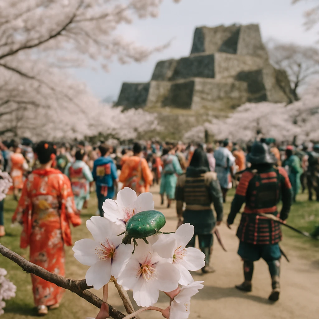 桜の花びらの上にカナブンがとまり、背景に着物や武士姿の人々が春祭りで集う様子が見える。
