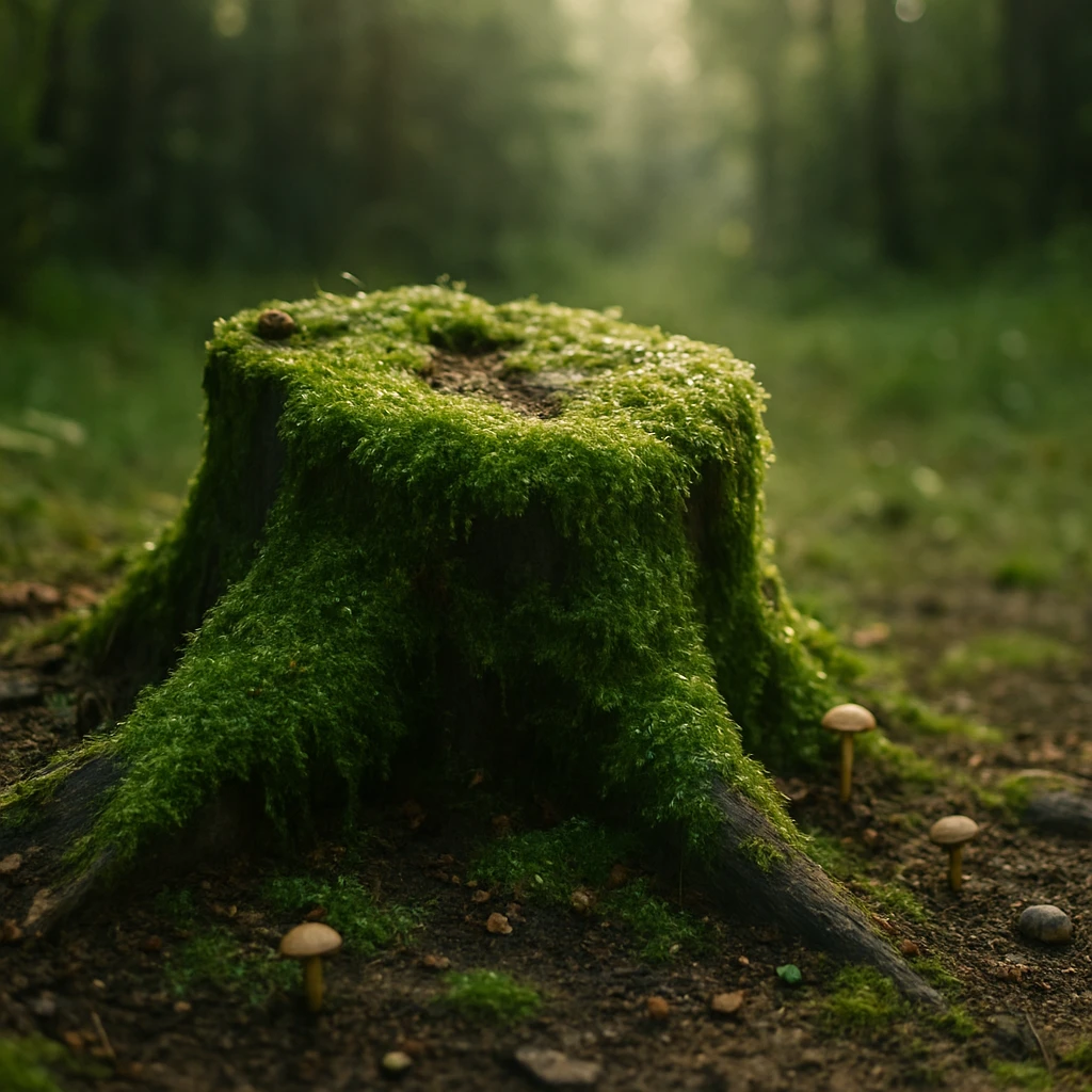 朝露に濡れた苔むした切り株が森の中の柔らかな光に照らされている。