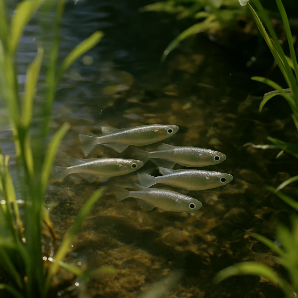 透明な池の中で水草の間を泳ぐ数匹のめだかの写真。