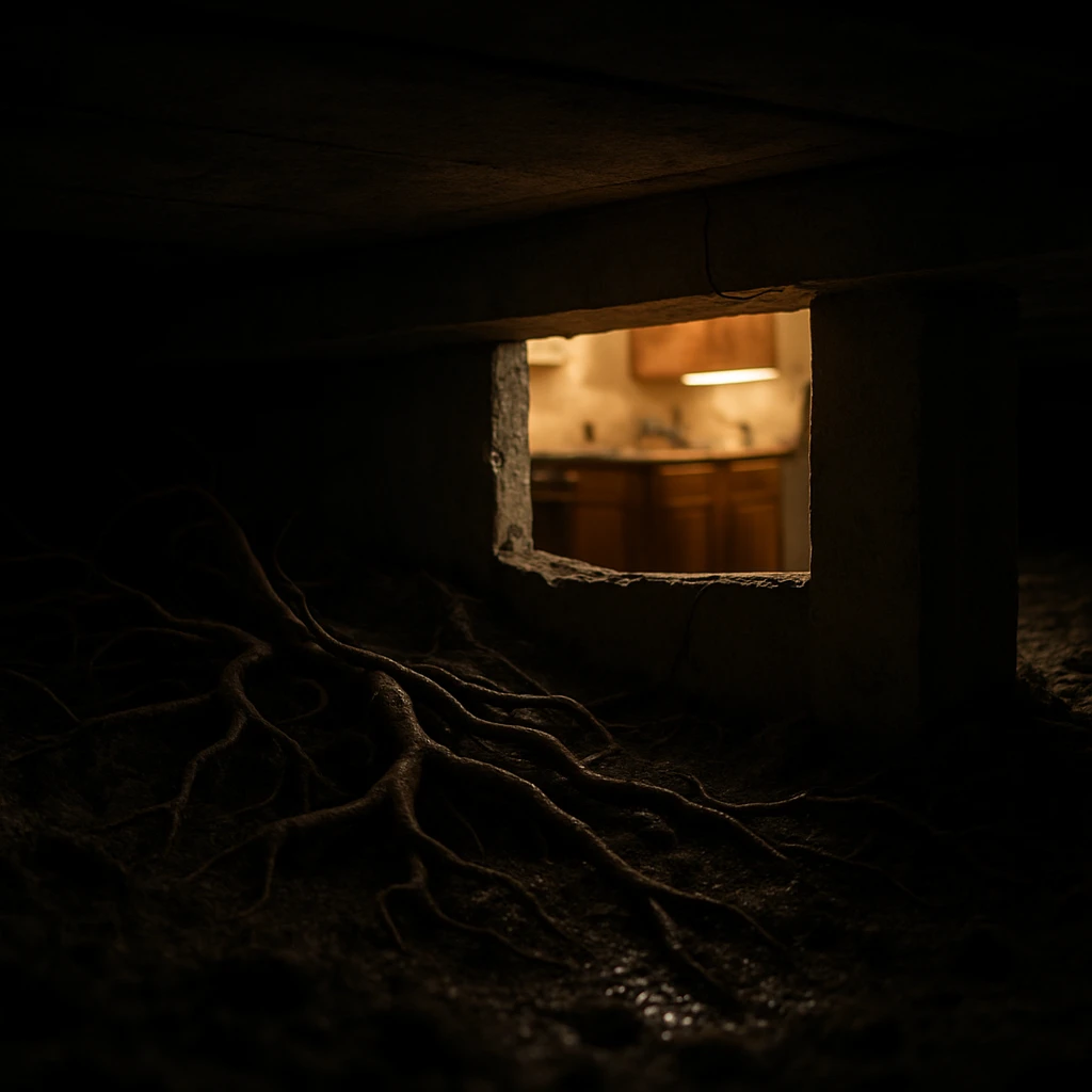 住宅のコンクリート基礎の下、湿った土と張り巡らされた細い根が写る写真。