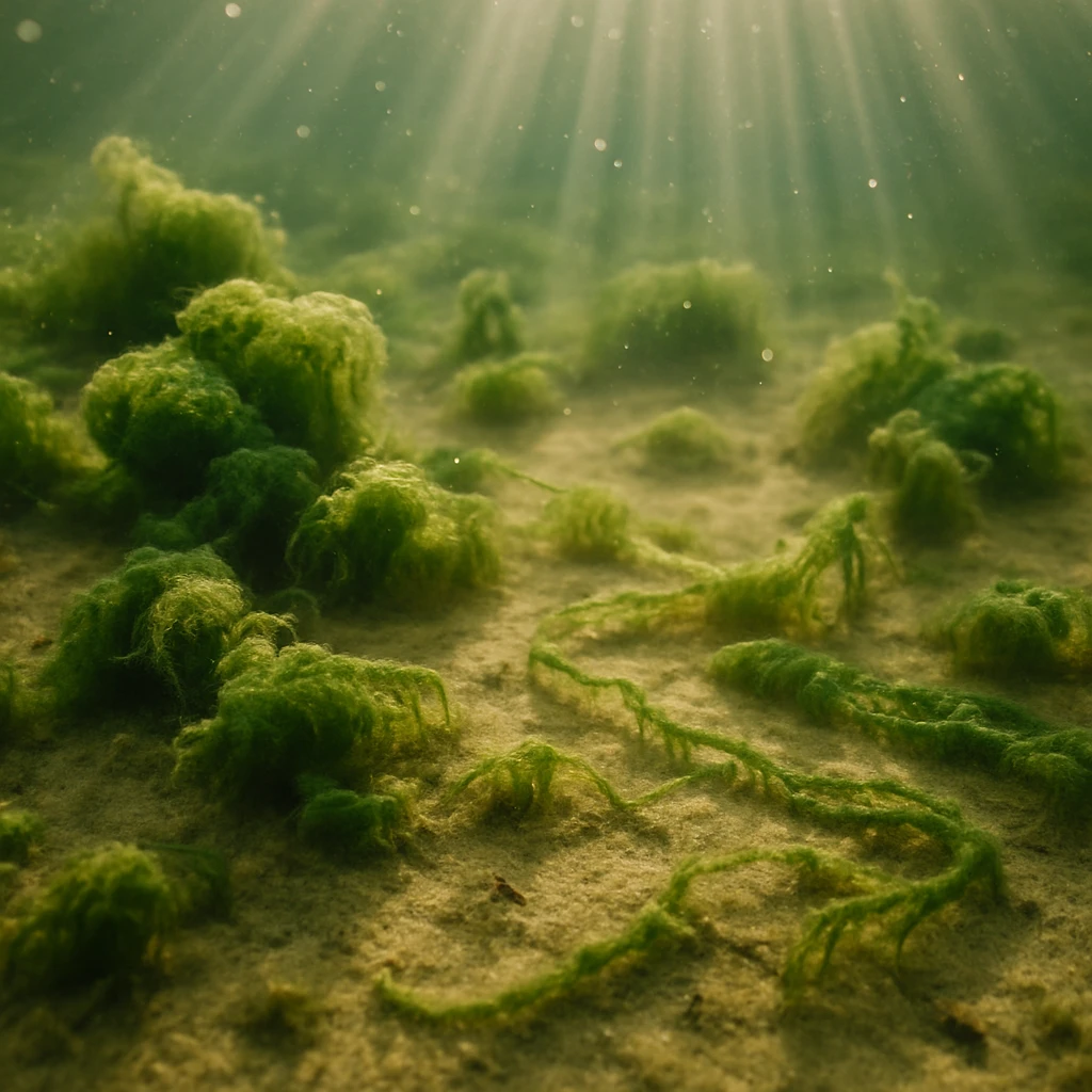 朝日が差し込む淡水池の底で、多様な藻類が緑色の群れとなって漂っているリアルな写真。
