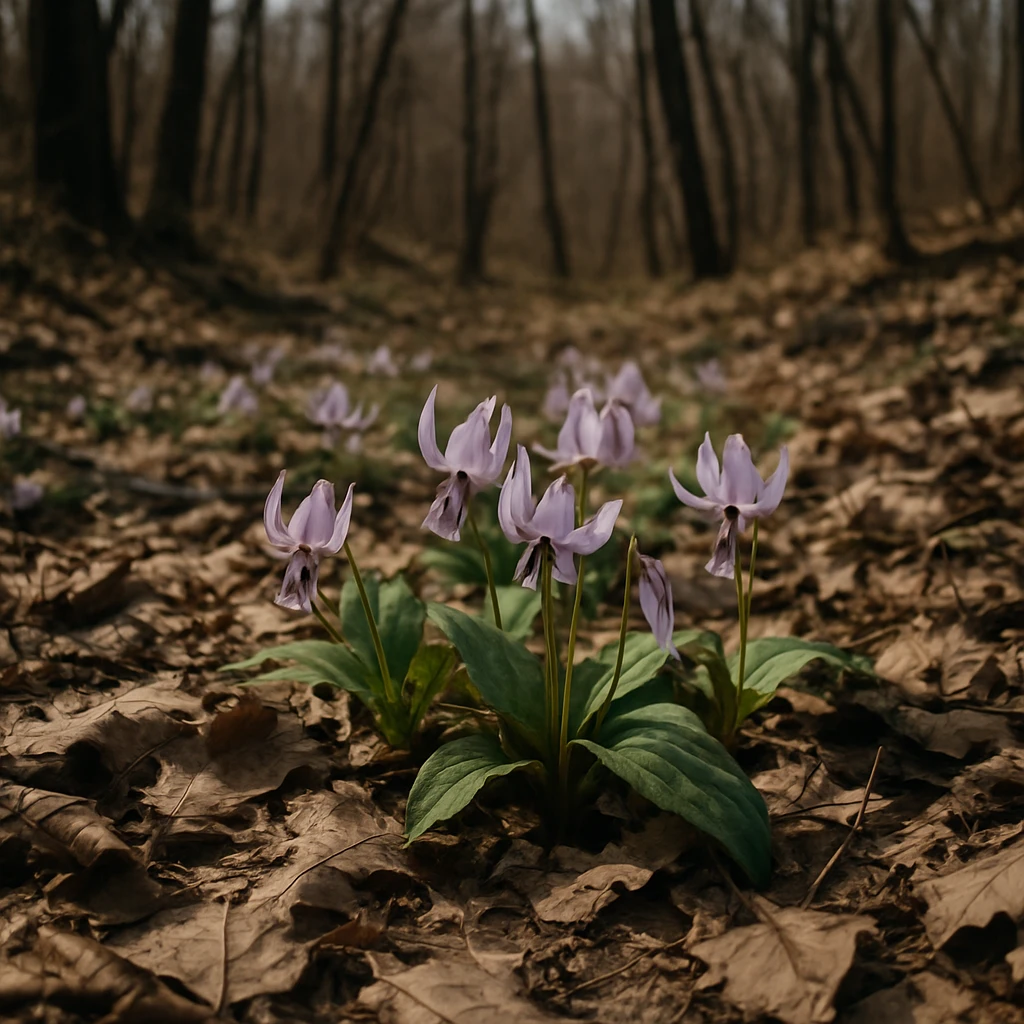 早春の落葉樹林の林床で咲くカタクリの群落を自然光で捉えた写真。