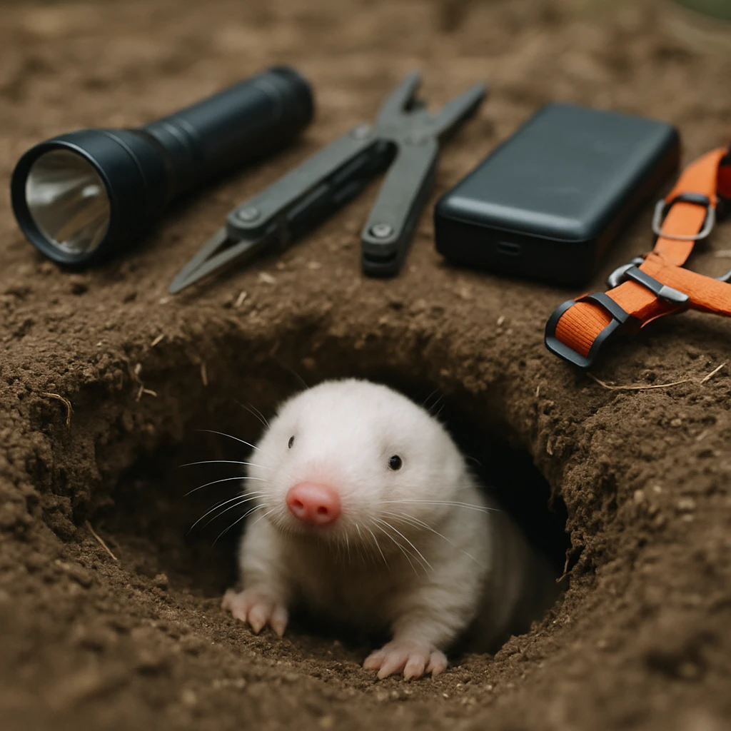 地面の割れ目から顔を出す白いモグラと、その近くに置かれた懐中電灯や防災グッズの写真。