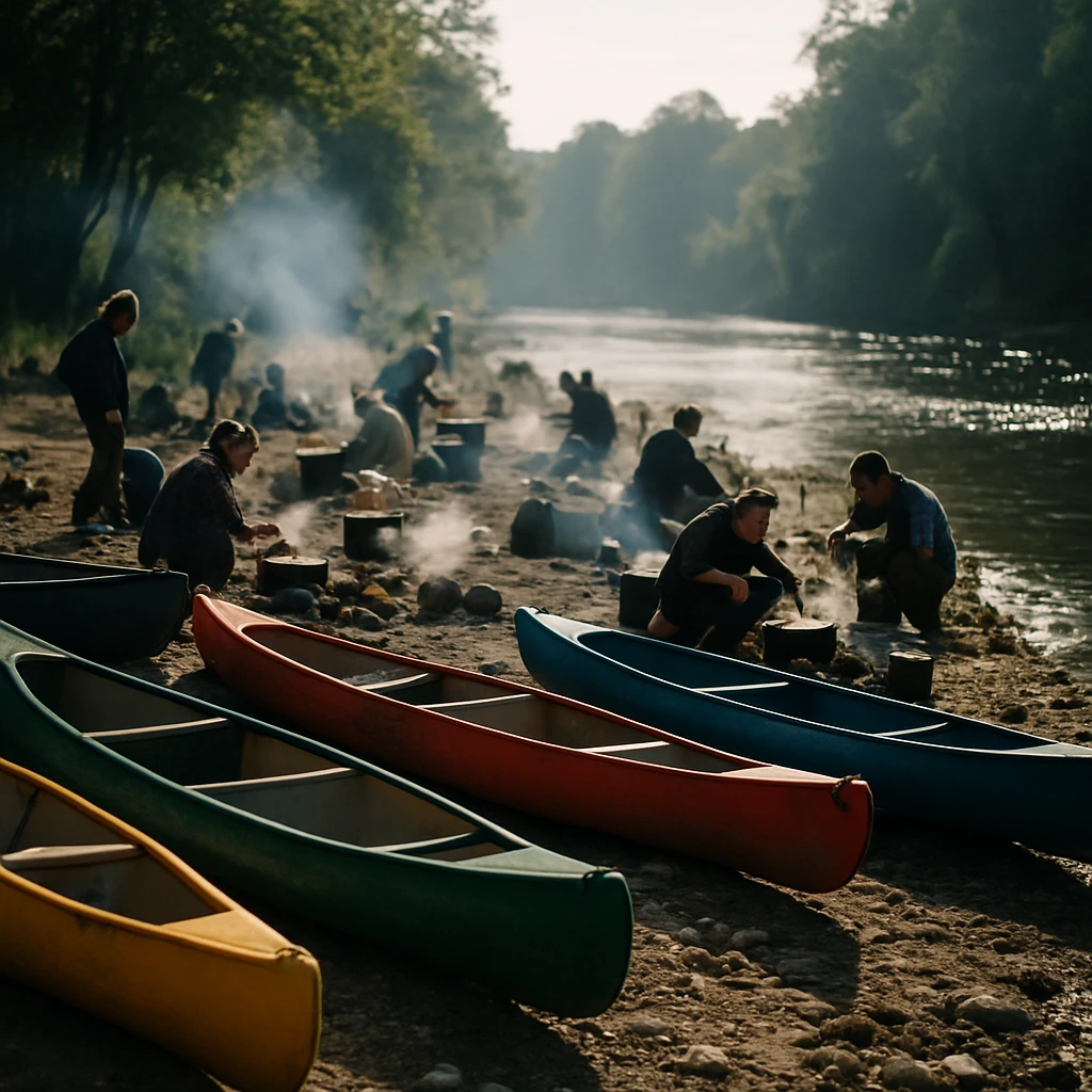 朝の川辺でカラフルなカヌーやキャンプ用具の周りで人々が調理を楽しんでいる実写風写真。