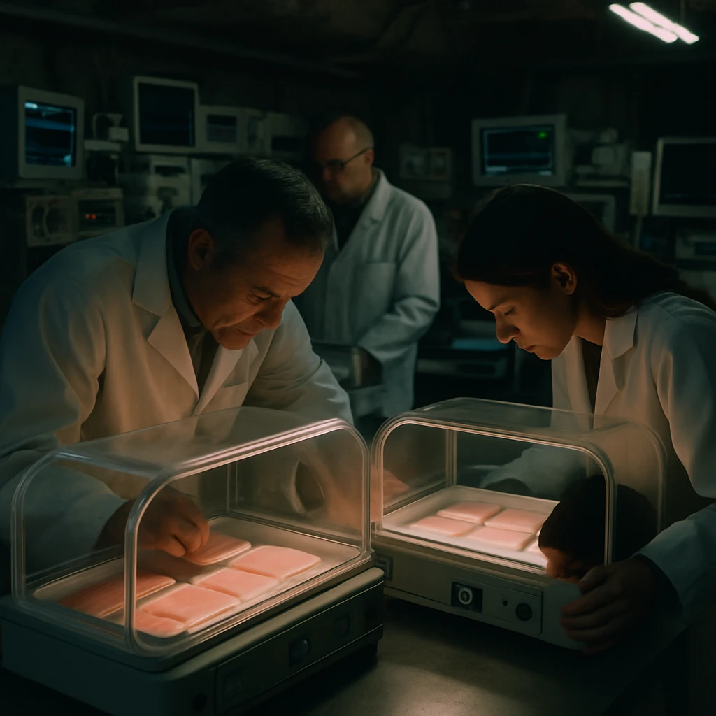 地下の研究所で人工皮膚シートを観察する白衣姿の人々の写真。