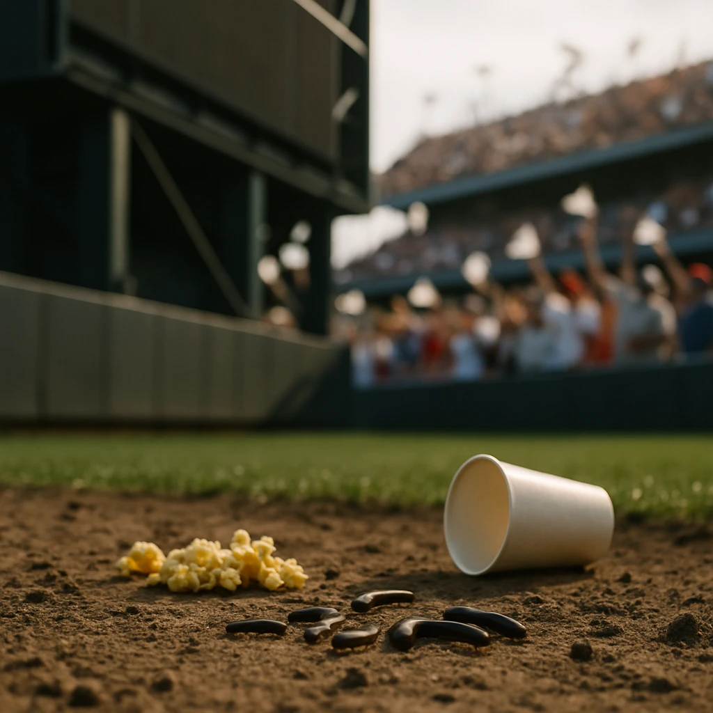 野球場の外野フェンス下で土の上を歩くヤスデの群れと、近くに落ちたポップコーンや紙コップが写っている写真。