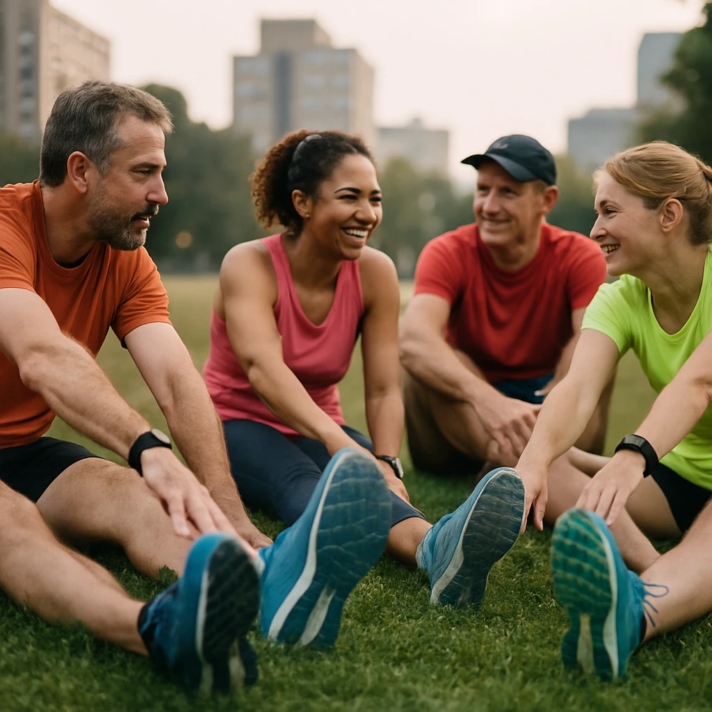 早朝の公園で芝生の上に座ってストレッチや談笑をするカラフルなランニングウェア姿のグループを芝生の目線で捉えた写真。
