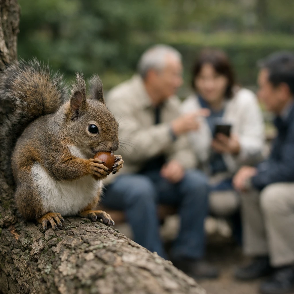木の枝の上でどんぐりを持つニホンリスが、公園のベンチでスマホを手に議論する人間たちを見下ろしている写真です。