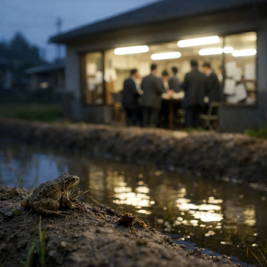 田んぼのあぜ道にいるカエル越しに、奥の町庁舎で夜まで会議をする人々がぼんやりと見える風景。