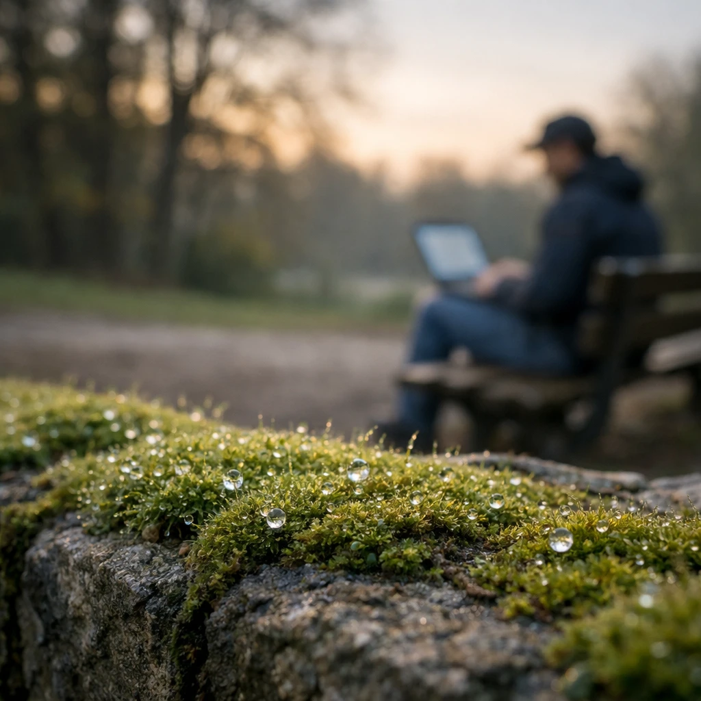 朝露に濡れた苔むした石垣の手前にピントが合い、奥にはノートパソコンで仕事をする人が公園のベンチに座っている様子。