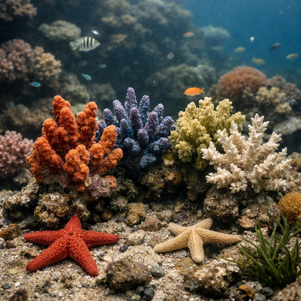 多様な種類のサンゴや魚、ウミウシ、海藻が集まっている海中のサンゴ礁の一部を写した写真。