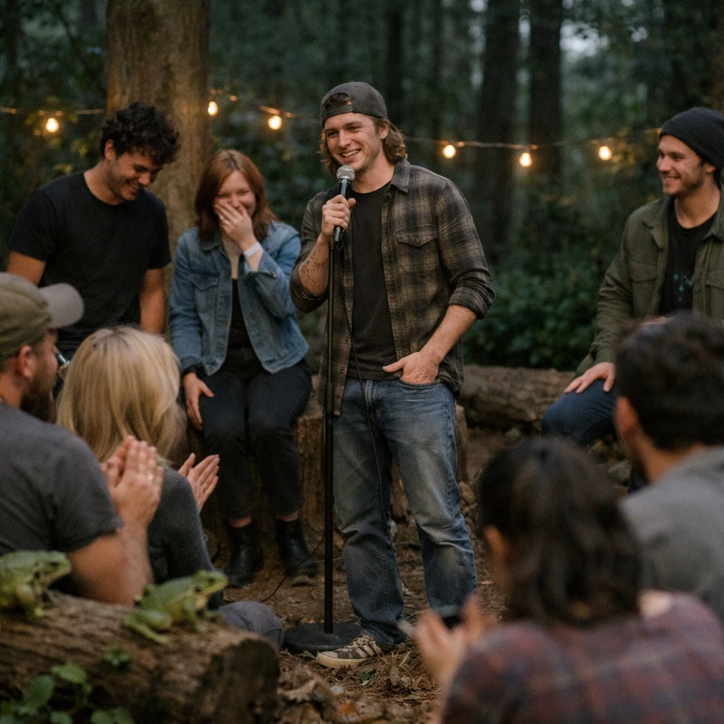 森の広場で芸人達が朽ち木や倒木の周囲に集う動物たちの前でネタを披露している様子の写真。