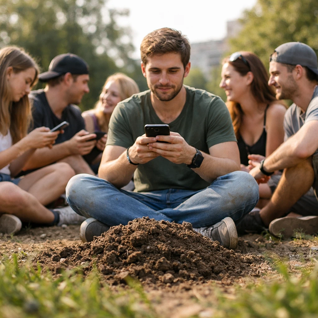 若者たちがスマートフォンを手に芝生の上でくつろぎながら会話する様子を地面近くの目線から撮影した写真。