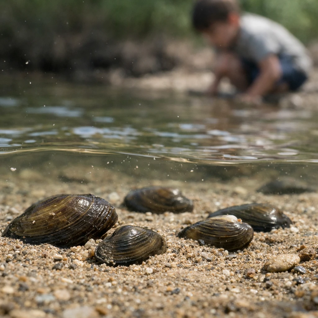 川底の砂に半分埋もれた淡水二枚貝が複数並び、透き通った浅い川の水が流れる様子。