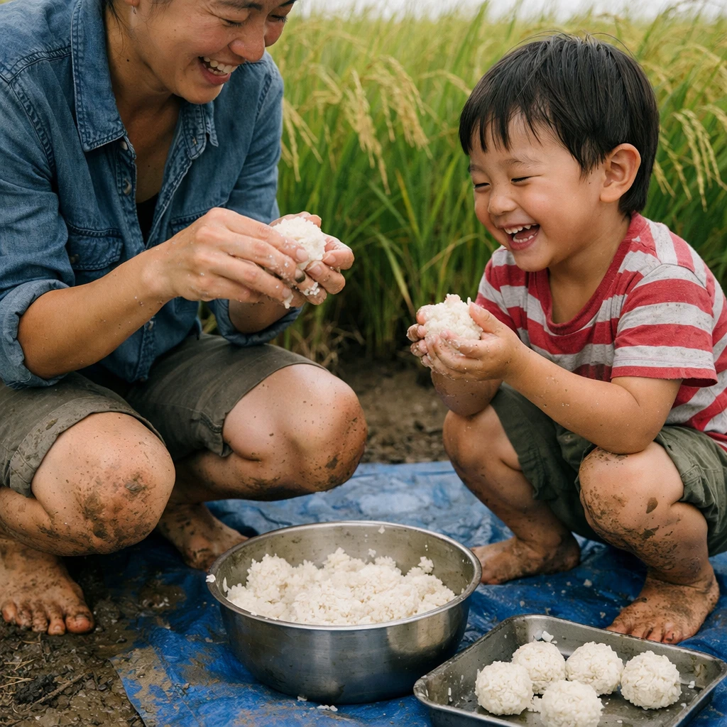 田んぼのあぜ道で親子が泥だらけの足でおにぎり作り体験をしている様子。