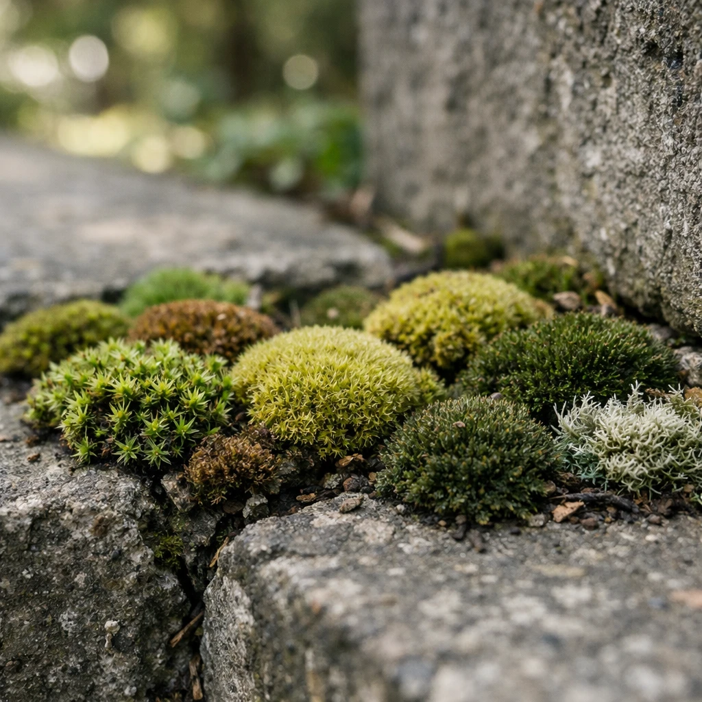 都市部のコンクリート壁の隙間に、さまざまな種類のコケが密集して生えている様子の接写写真。