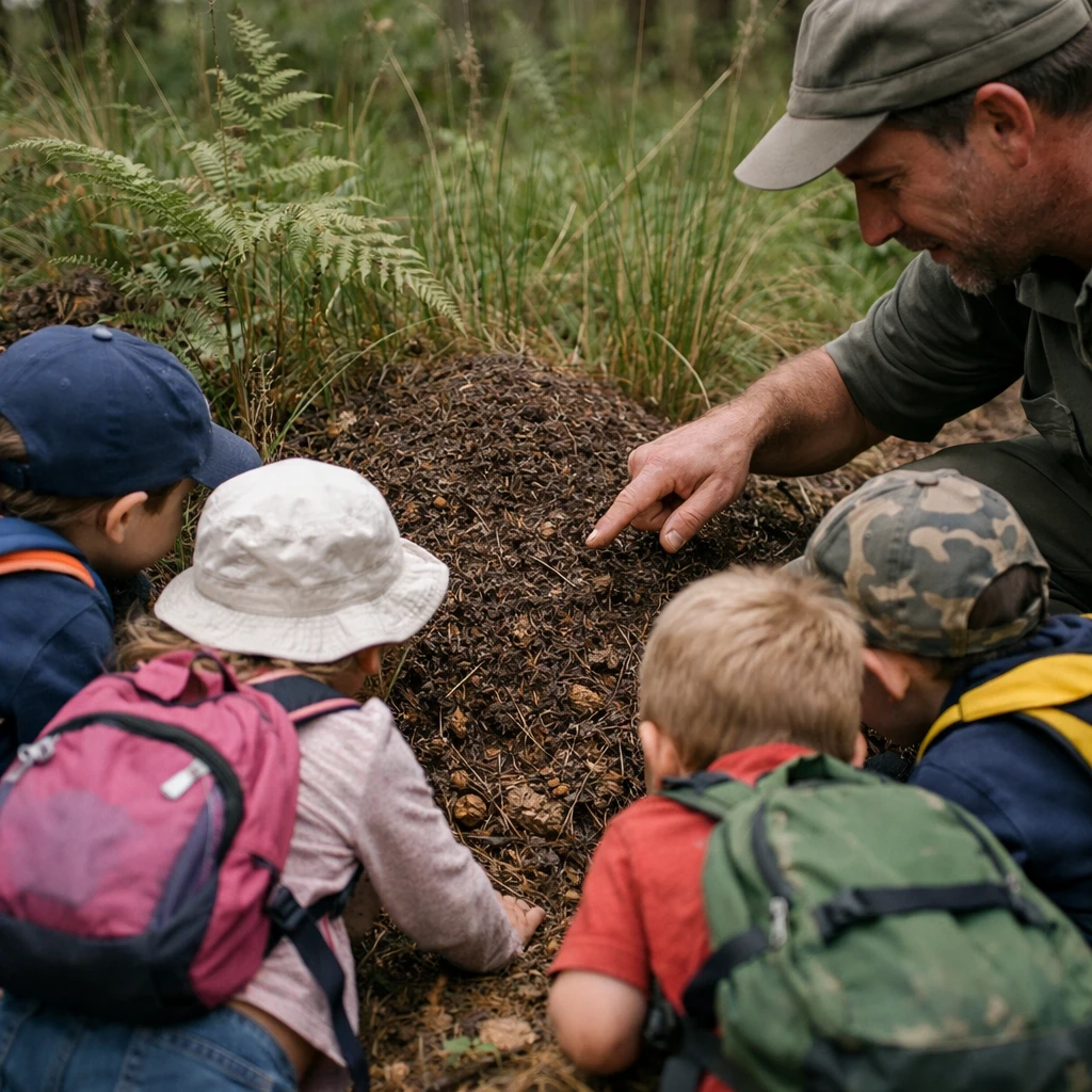 森の地面でアリ塚を観察するリュック姿の子どもたちと地元ガイドの様子。