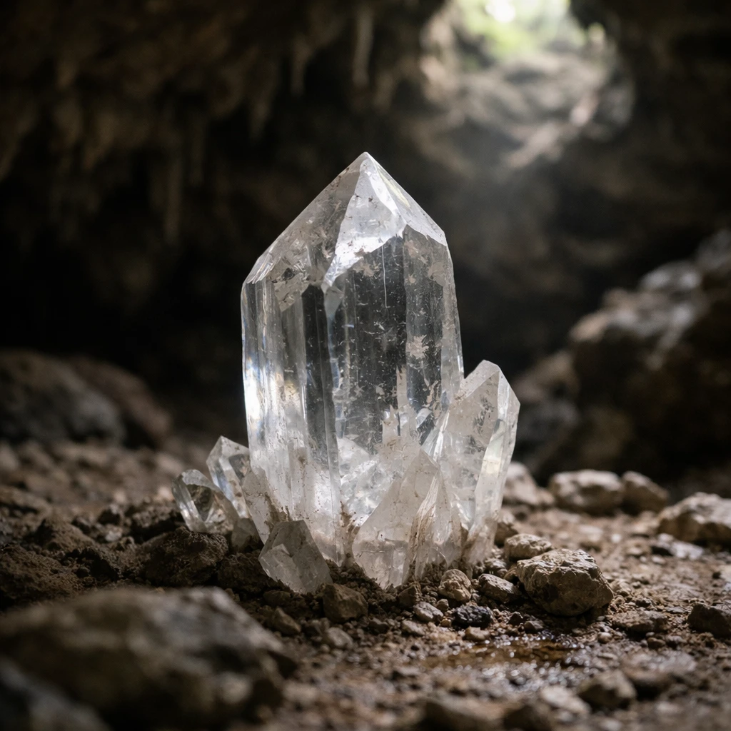 洞窟の床から突き出した透明感のある大きな石英結晶が、ほの暗い空間に静かに佇む写真。
