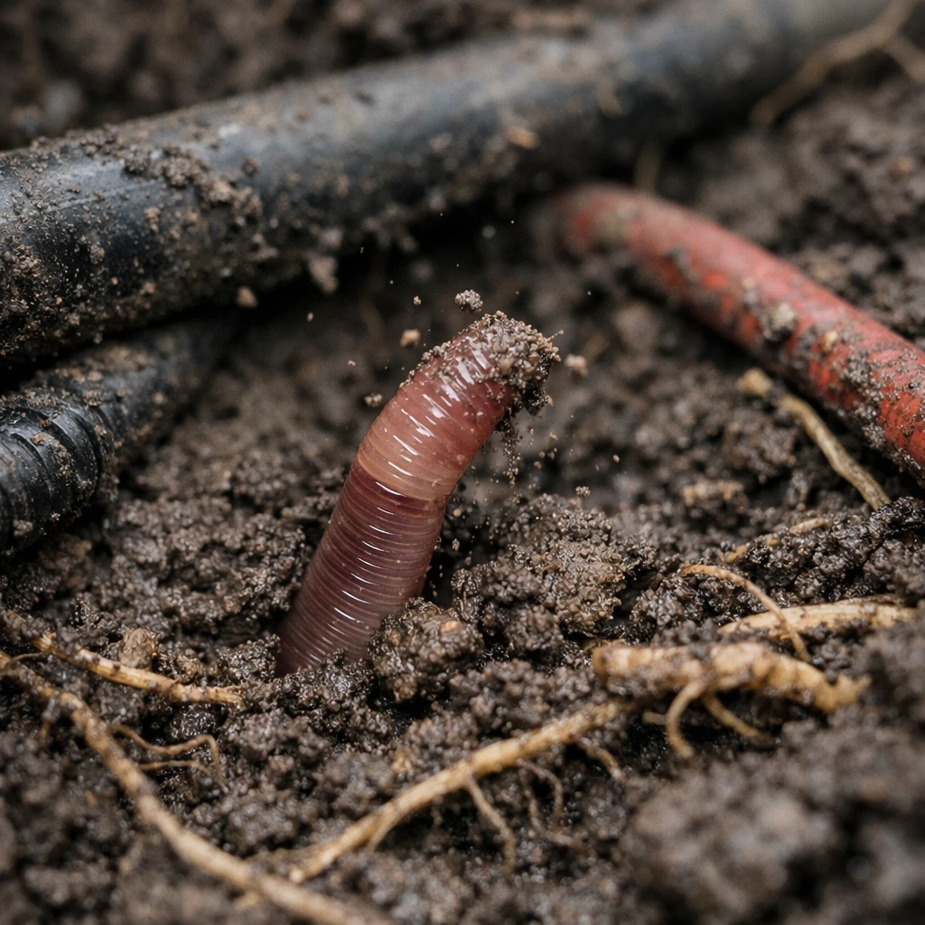 地中でミミズが送電ケーブルや切れた根の近くの湿った土から顔を出している写真。