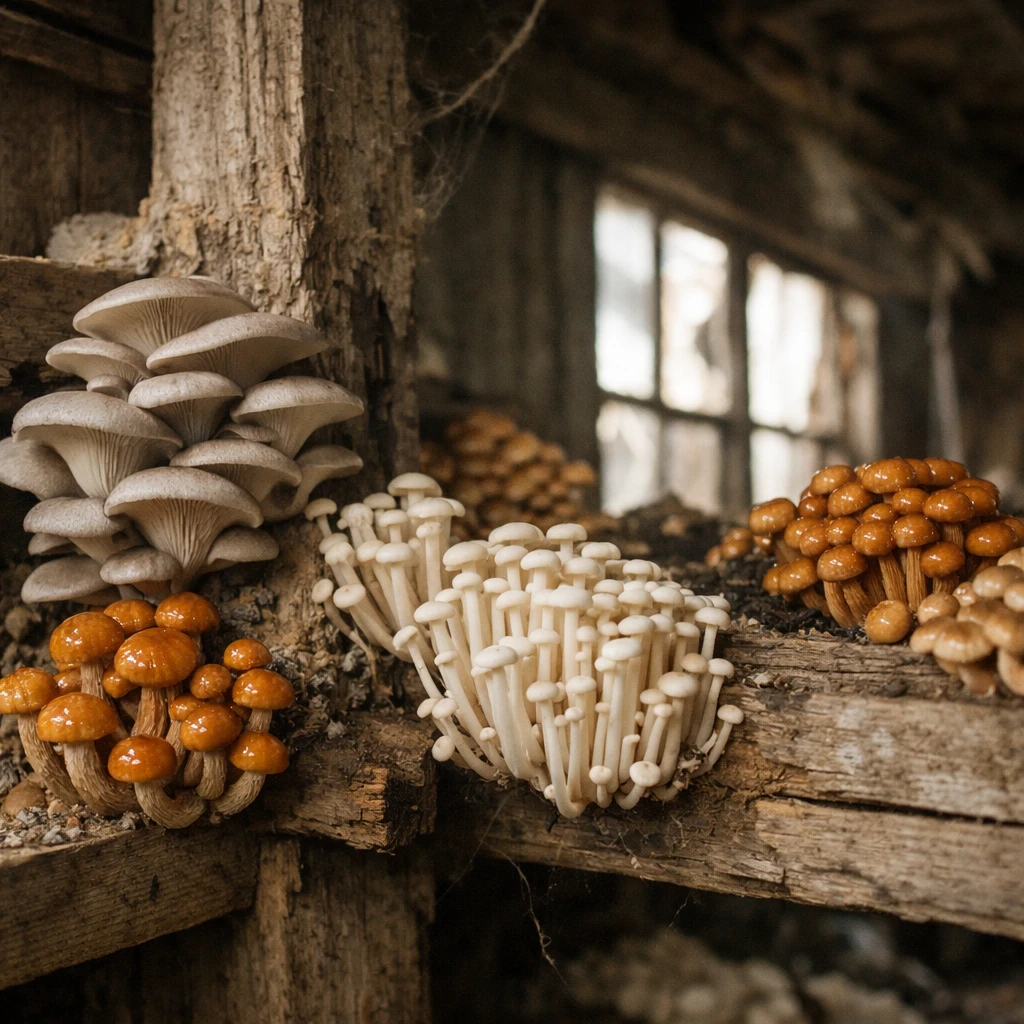 使われなくなった養蚕小屋の木の梁や壁に、複数種類のカラフルなきのこが群生している様子の写真。