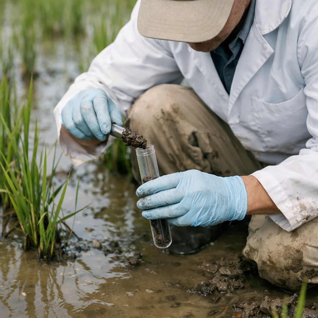 田んぼで手袋をした研究者が泥の中から土壌サンプルを採取している様子の写真。