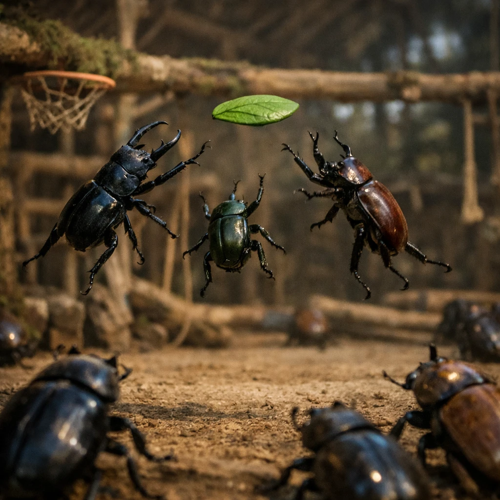 森林のジムを模した場所で、数匹のカブトムシが葉っぱ型のフリスビーをジャンプしながらキャッチしようとしている様子。