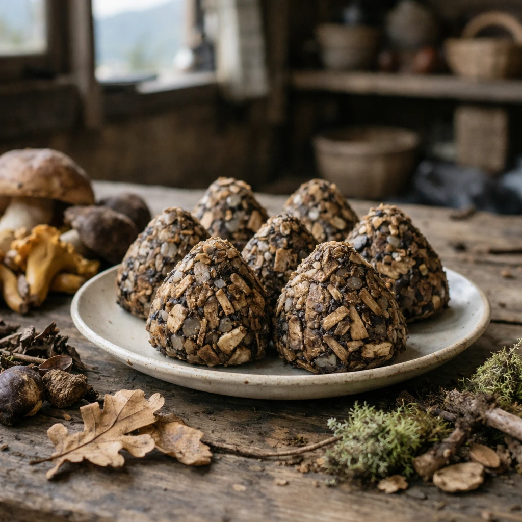 木の皮のような見た目の菌糸おにぎりが素朴な皿に盛られ、まわりに山のきのこや苔、落ち葉が並ぶ田舎の木製テーブルの写真。