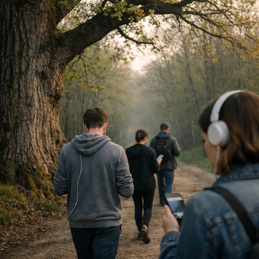 朝の森の小道を、イヤホンでオーディオブックを聴きながら歩く人々と、その脇に立つ巨大なオークの樹の写真。