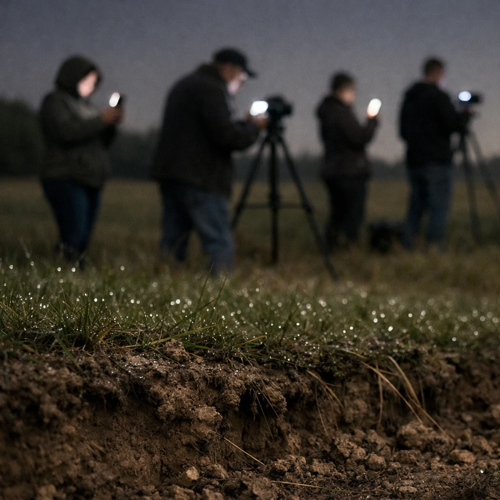 夜の田畑で数人が三脚とスマートフォンを手に星空観察をしている様子を、手前に夜露を帯びた草と土の断面を写している写真。