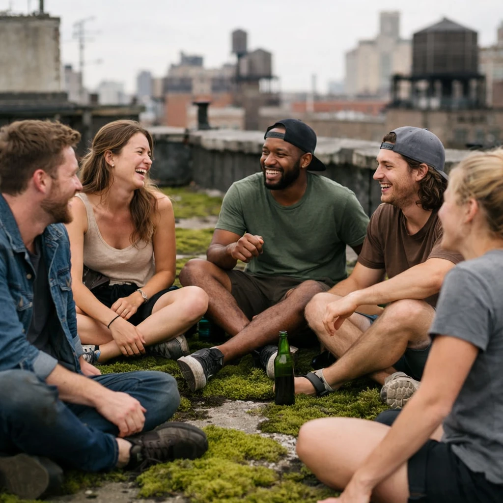 都市の屋上で緑のコケが広がる中、数人の人々がリラックスして談笑している様子の写真です。