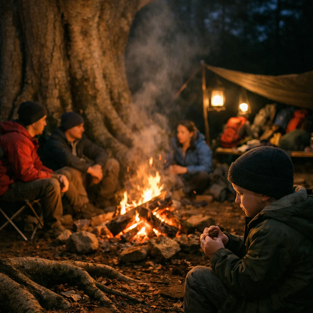 ブナの大樹の下、焚き火を囲む若者たちとランタンの明かりに照らされた夜のキャンプ風景。