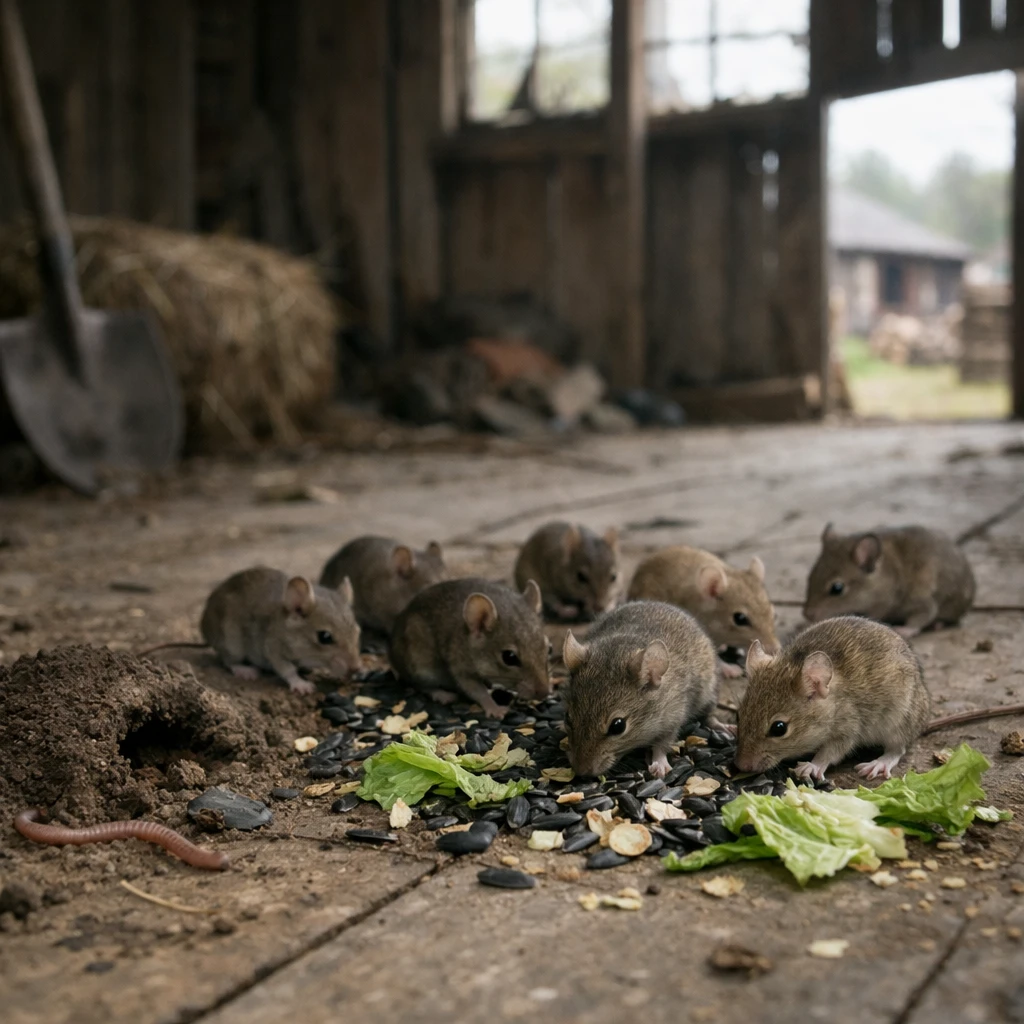 田舎の古い納屋の中で、ひまわりの種や野菜の葉を囲む野ネズミたちの様子の写真。