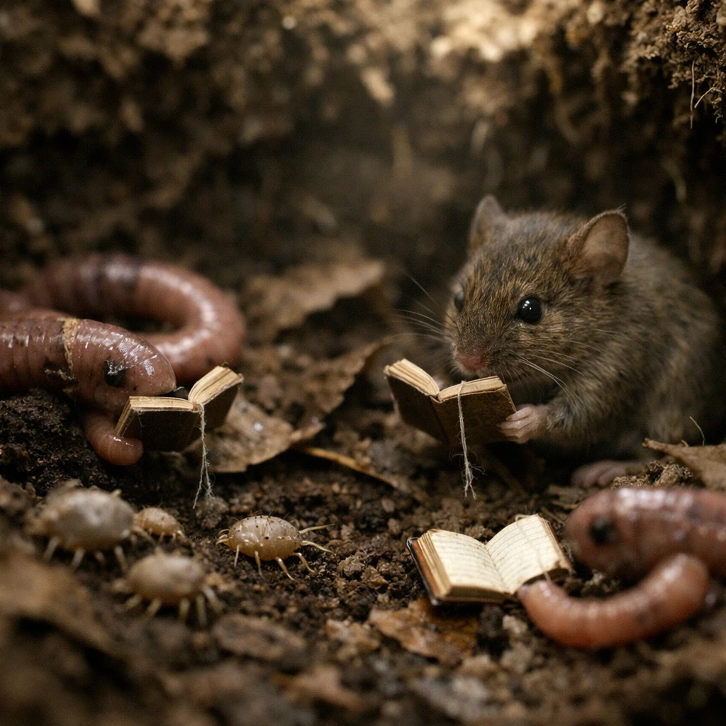 ミミズや地中ネズミが湿った土と葉の間で小さな本を囲んで集う地中カフェの様子。