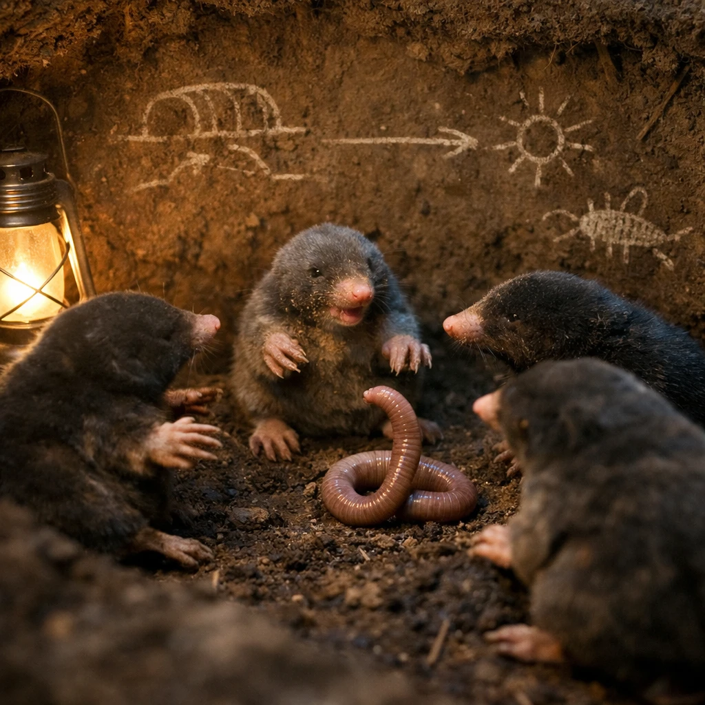 地下の土の部屋でモグラたちとミミズが輪になって会議している様子のリアルな写真風画像。