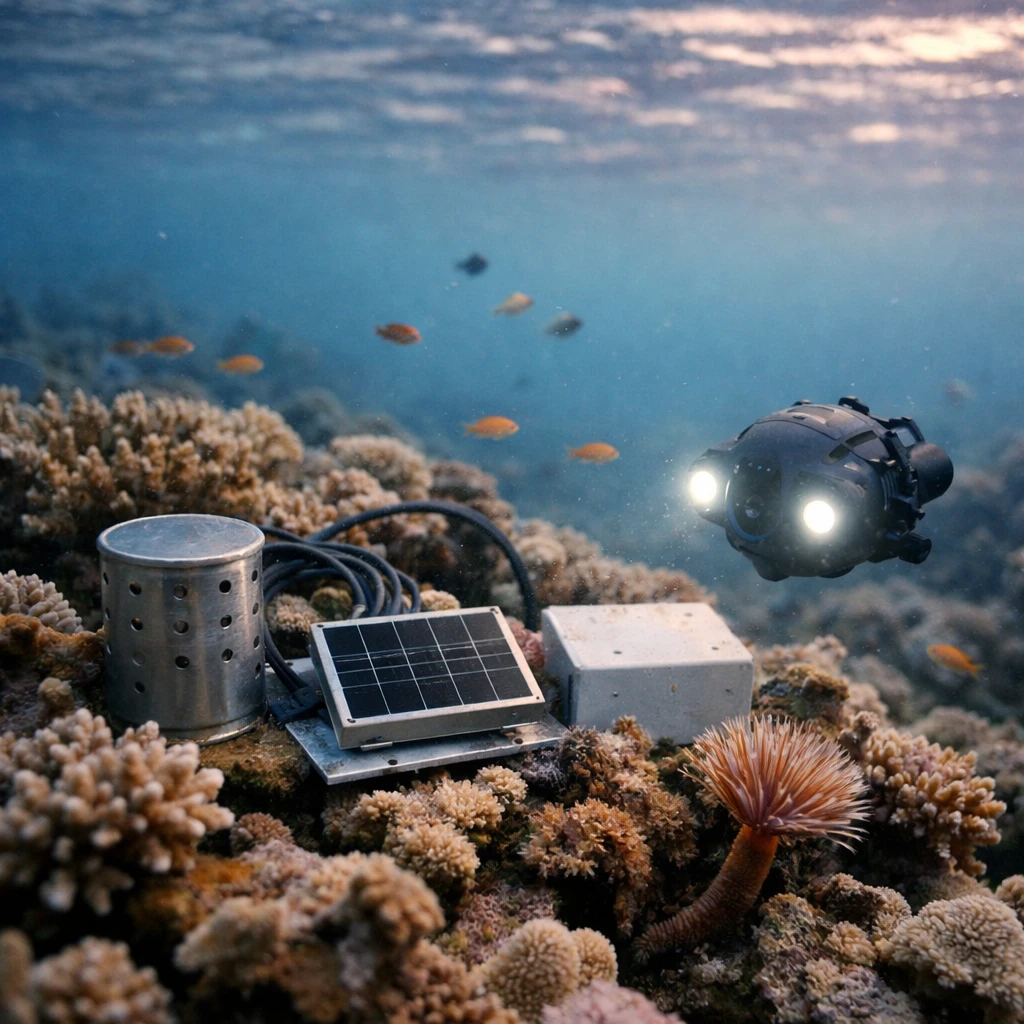 明け方の海中でサンゴ礁に人間の実験用素材と小型水中ドローン、魚やゴカイが共存している様子の写真。