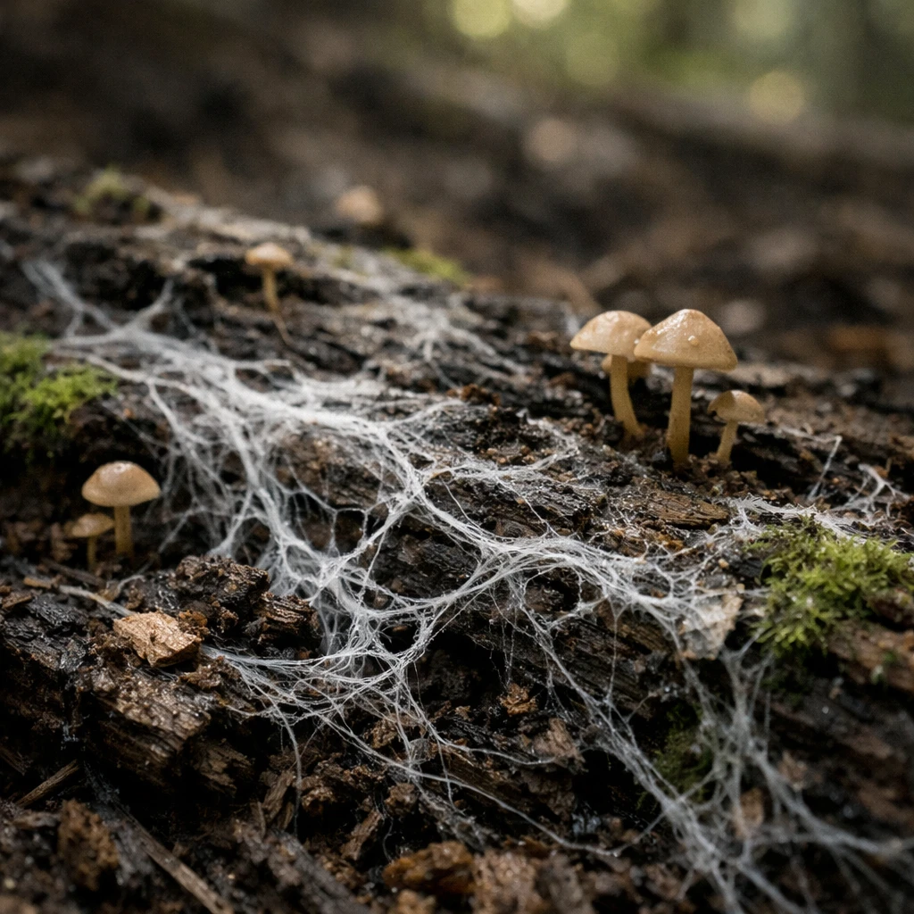倒木の上で白い菌糸が複雑に広がり、小さなきのこと苔が点在する森の床のクローズアップ写真。