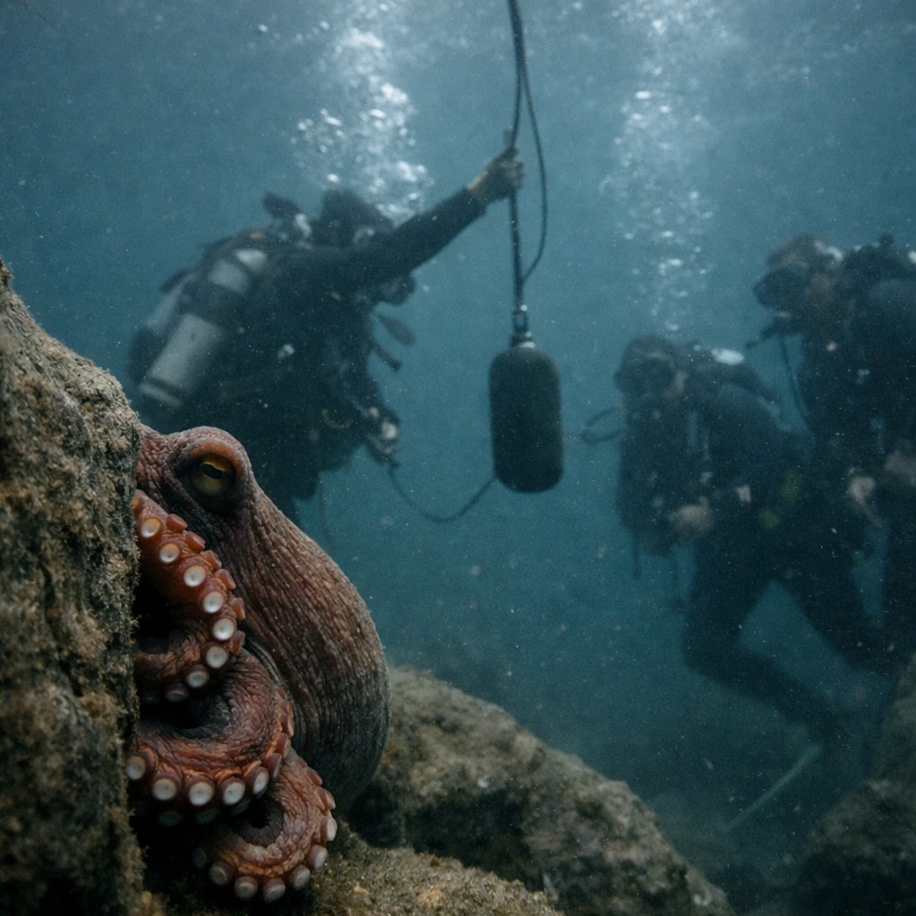 岩陰から8本の腕を巻いて潜水士を見つめる深海タコと、水中マイクを海底に沈める人間の姿。