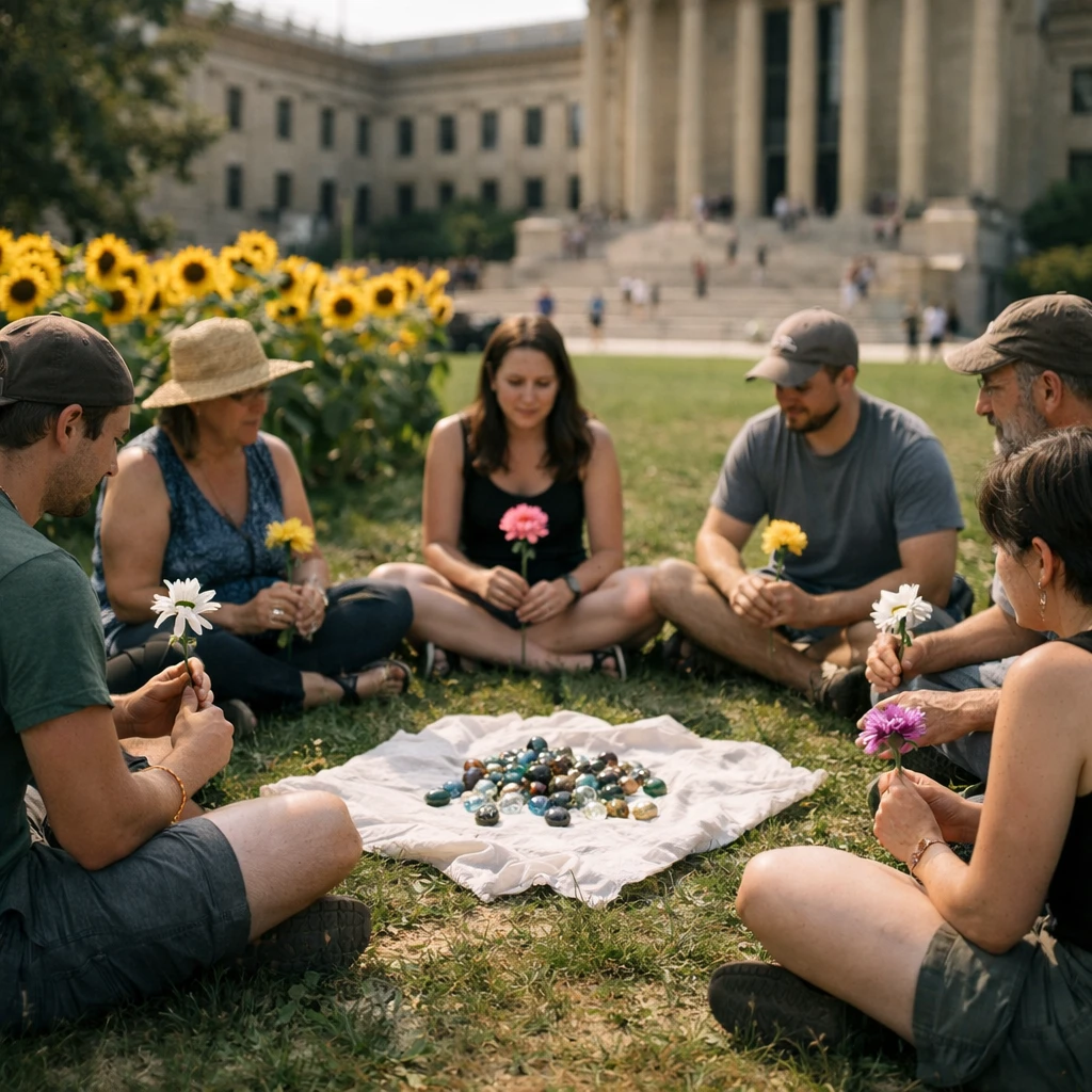 美術館前の芝生で円座になって座る人々と、その近くで咲くひまわりの輪の様子。