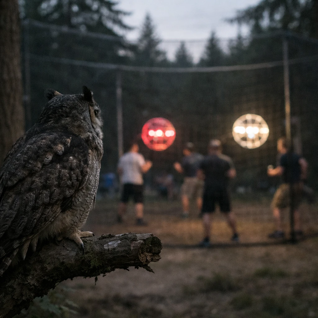 薄暗い森の枝に止まりながら、広場でドローンサッカーを見るフクロウの写真。