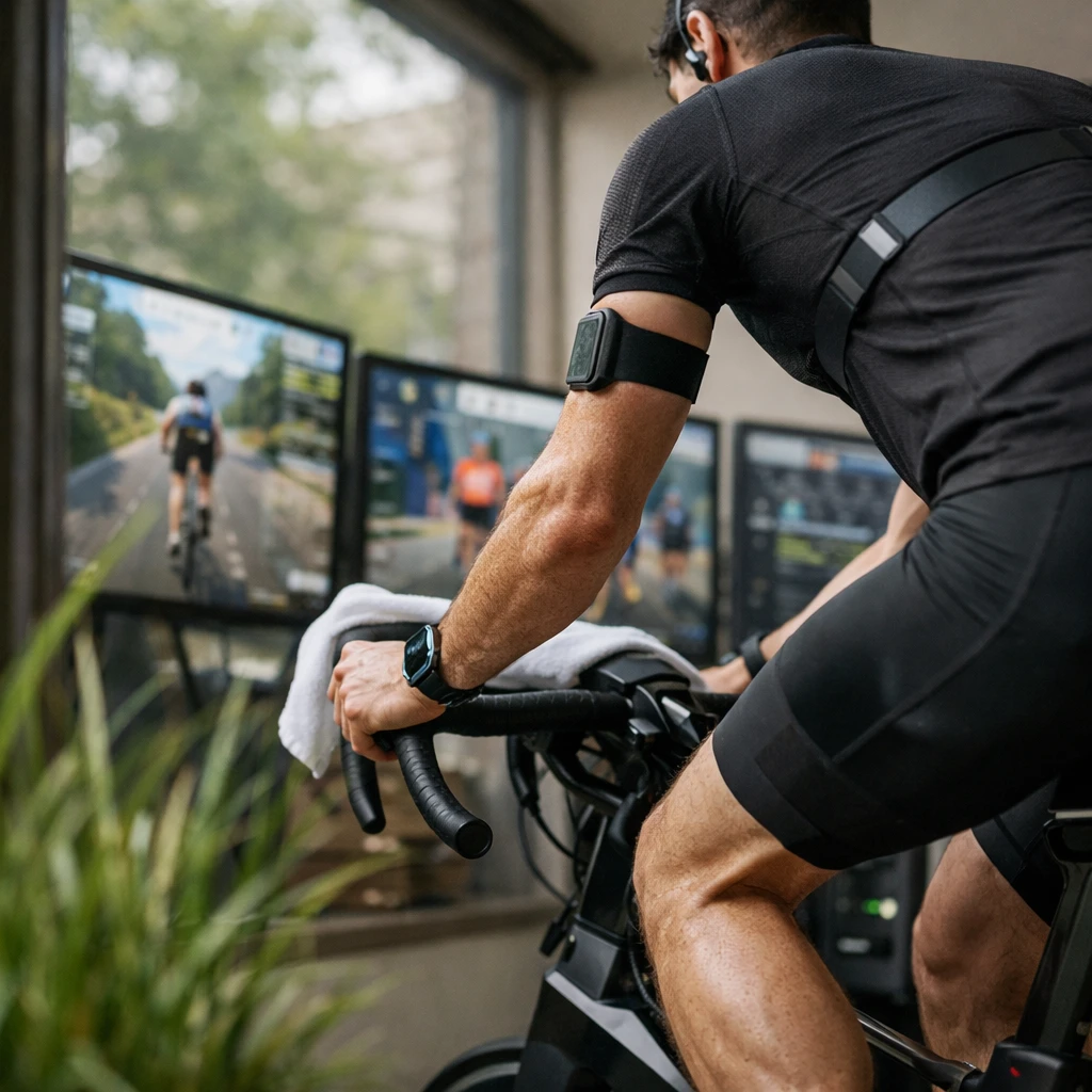 室内でウェアラブル機器をつけてスマートバイクを漕ぐ人物と、窓の外に映る草原が写っている写真。